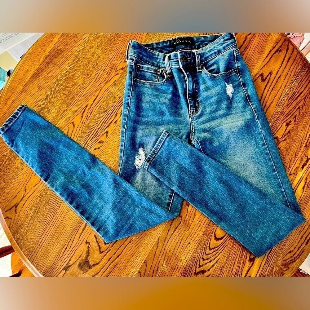 Aeropostale Distressed High Rise Denim Jeggings Blue Size 0 Reg Skinny Grunge